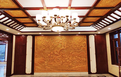 阿荣中式别墅客厅中式木作横梁吊顶装饰展示